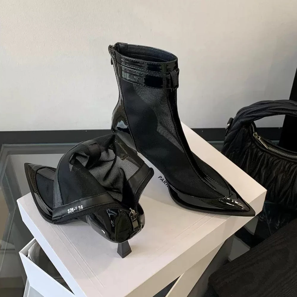 إمرأة عودة زيبر عالية الكعب مغلق أشار تو براءات الاختراع والجلود شبكة الكاحل الجوارب خنجر الكعوب أحذية الصيف لحفلة التاريخ