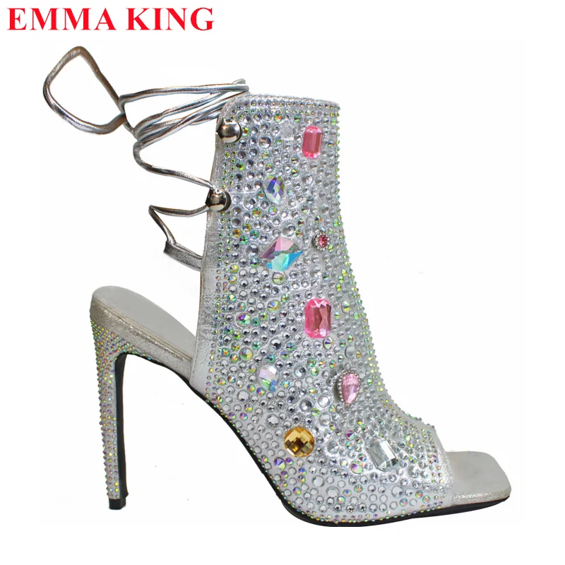 

Summer Bling Rhinestone Ankle Boots Women Fashion Peep Toe High Heels Sandals Boots Crystal Back Lace Up Party Shoes Woman 2024