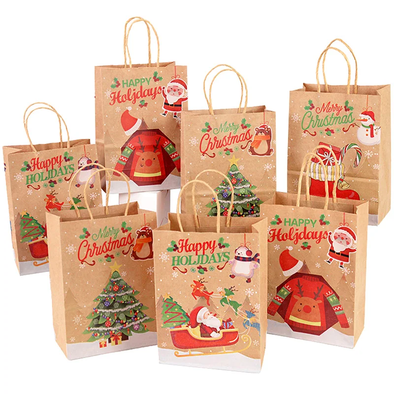 5Pcs Christmas Gifts Bags Santa Xmas Tree Candy Cookie Present Paper Bags For Christmas Holiday Decoration New Year Gift Packing