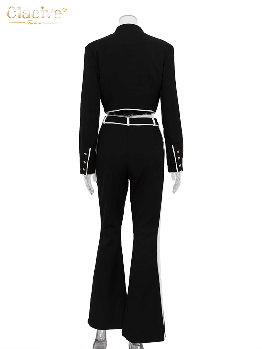 Clacive Sexy Slim Black 2 Piece Set Women Outfit 2024 Fashion Long Sleeve Crop Shirt With High Waist Wide Party Pants Set Female