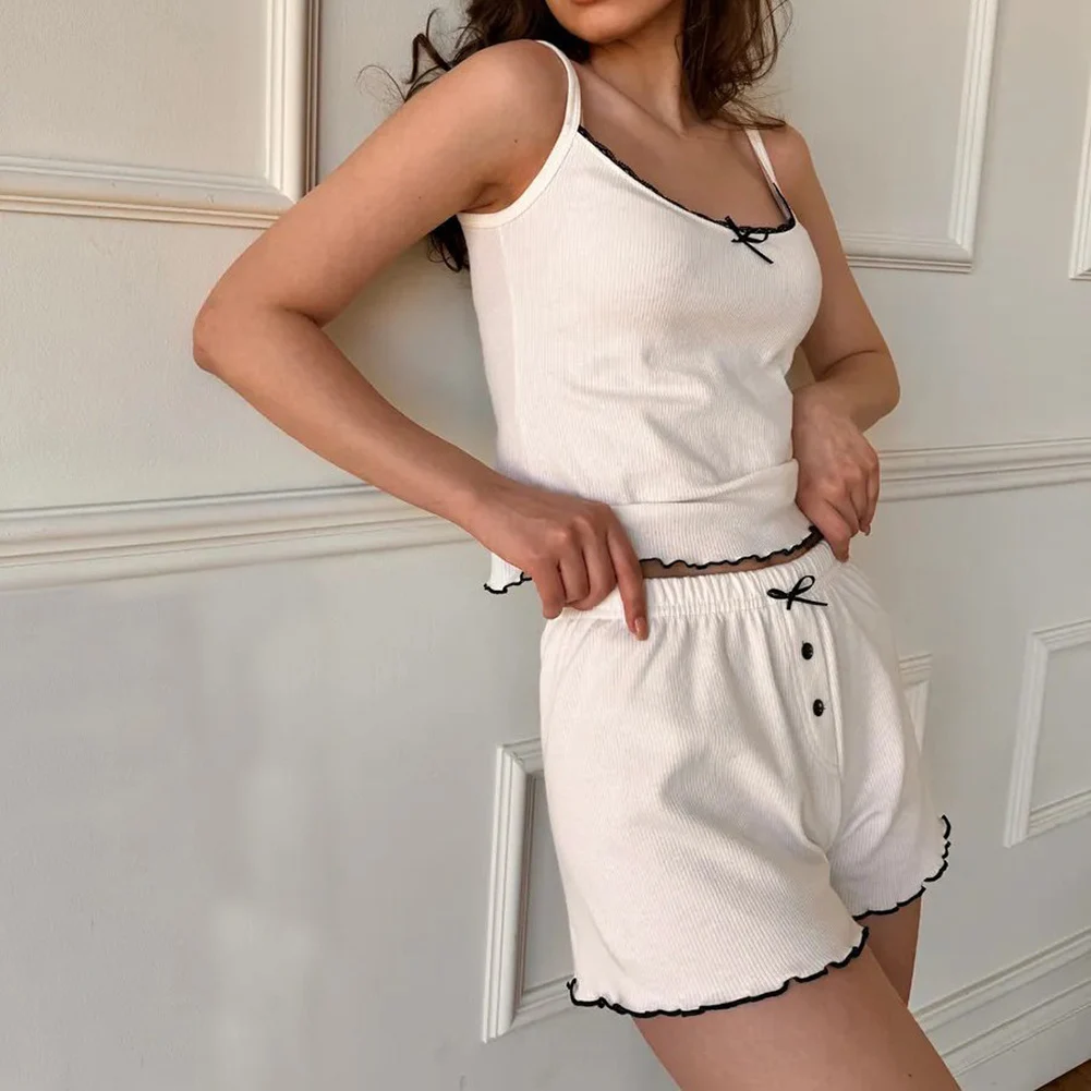 Womens Vest and Shorts Pajama Set Ribbed Fabric Sleeveless Strap Design Color Block Pattern Home Vacation Wear
