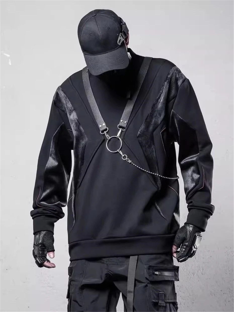 Tactical Fleece Sweatshirts Men Streetwear Hip Hop Punk Patchwork Pullover Oversized Harajuku Function Sweatshirt Male Techwear