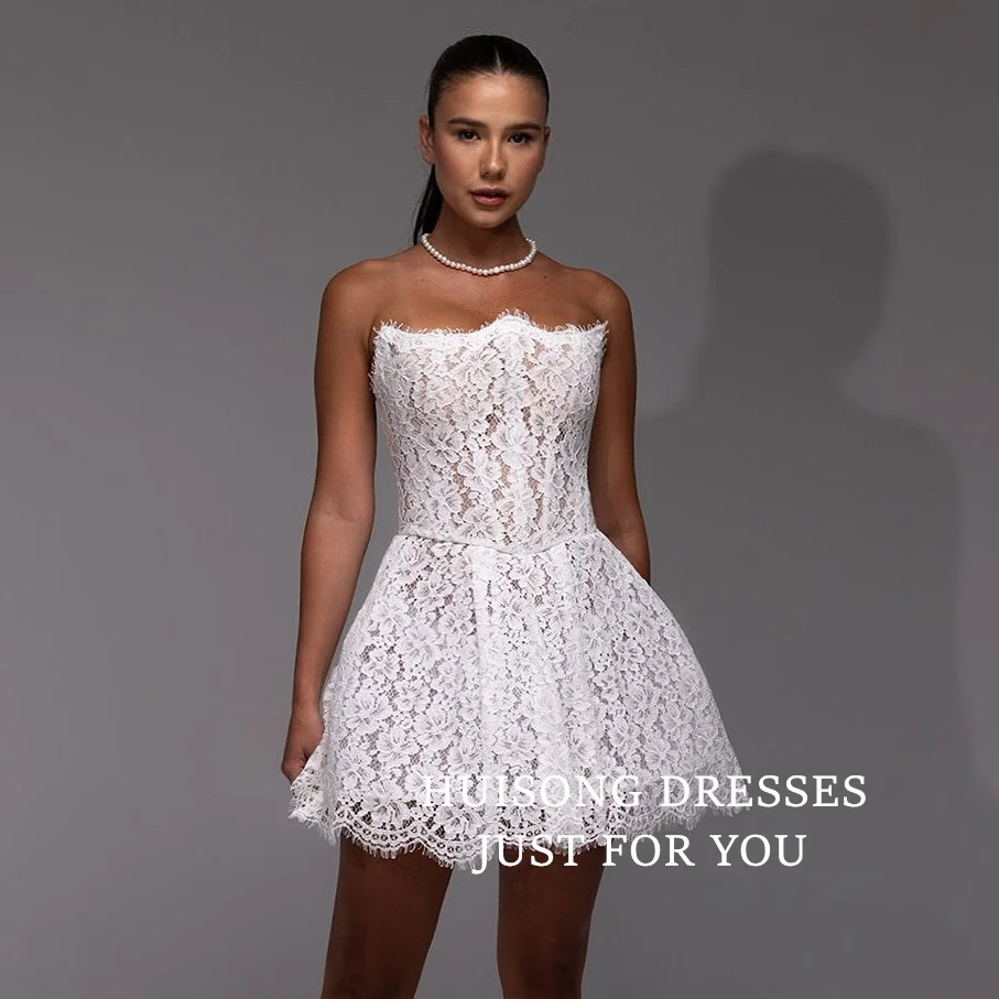

HUISONG Customized Boho Short Wedding Dresses Lace Appliques Sleeveless Sweetheart Mini Bridals Gowns Wedding Party Dress