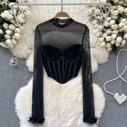 Hotsweet Stand Collar Vintage Plush Long Sleeves Chic See Through Mesh Spliced Velvet Slim Top Sexy High Street Autumn T-Shirts