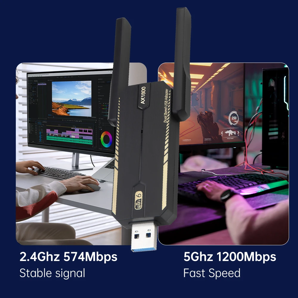 USB 3.0 WiFi 6 Adapter AX1800 Dual Band 2.4/5Ghz 1800Mbps Driver-Free High Gain for Desktop PC Laptop Windows 10/11 Network Card