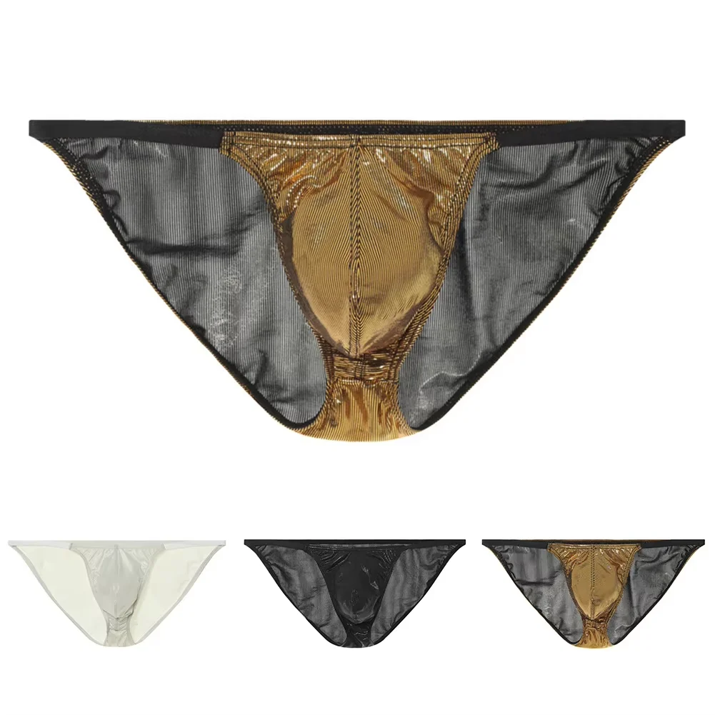

Shiny Glossy Faux Leather Bulge Briefs for Men Sexy Low Waist U Convex Pouch Underwear High Fork Stage Performance Underpants