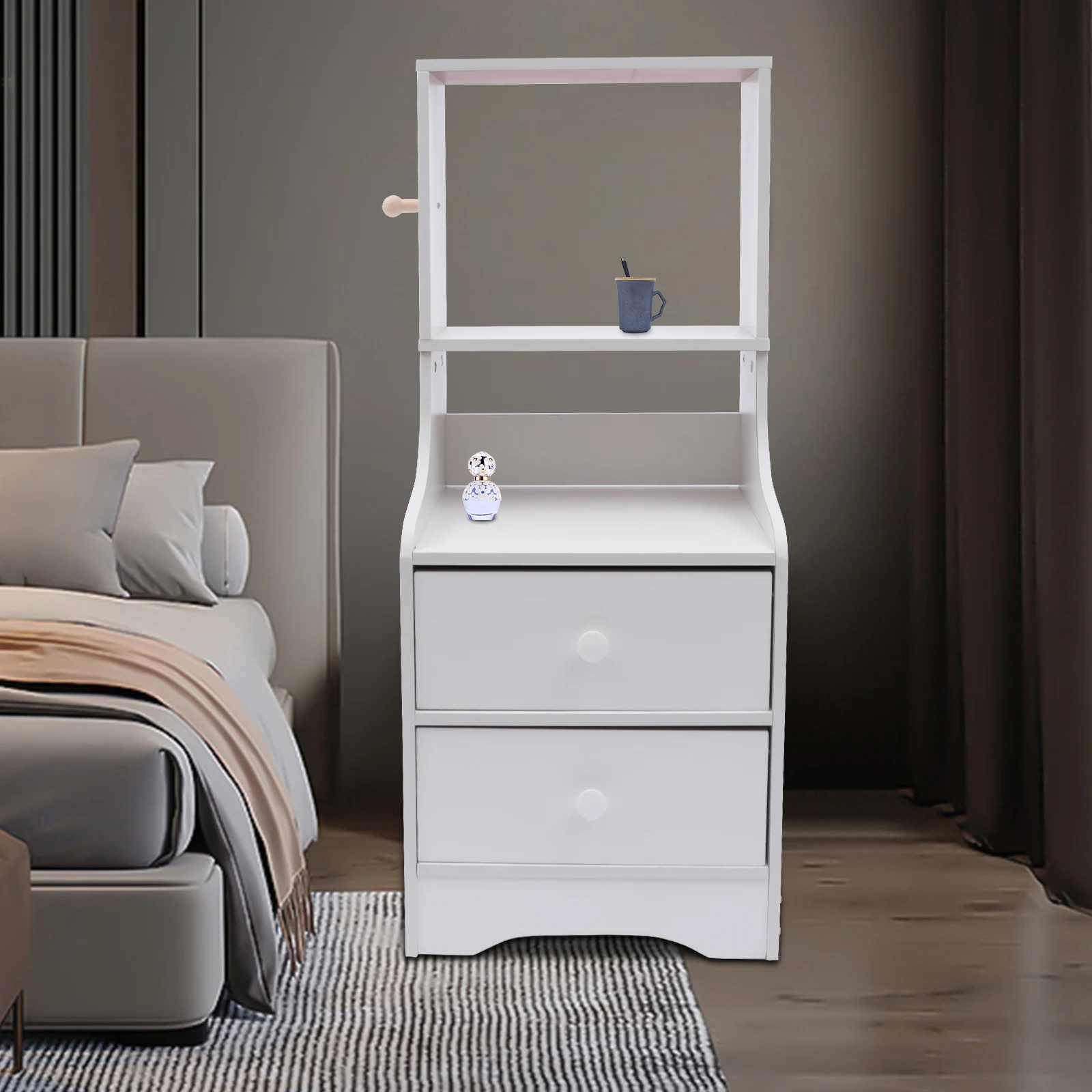 White Dresser Nightstand 2 Drawers Bedside Table for Bedroom Dispaly Open Shelves Modern White Furniture for Home Study Room