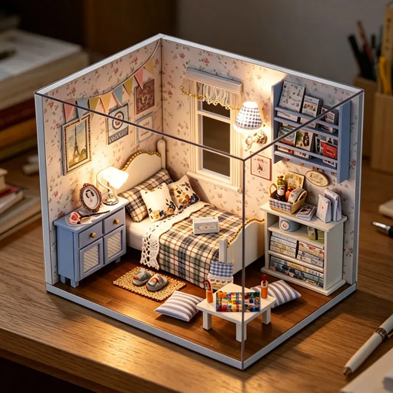 DIY Miniatur-Puppenhaus-Set Gemütliches Schlafzimmer mit LED-Beleuchtung 3D Holzpuzzle Bausatz Möbel Dekor Handwerk Geschenk Puppenhaus