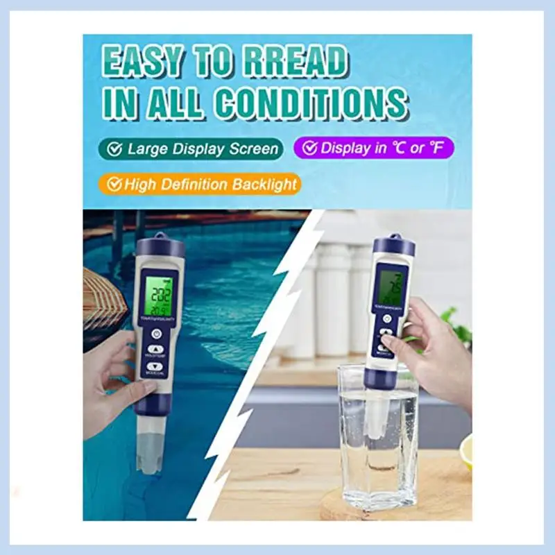 MLGB-0-14 PH Meter 5 In 1 TDS/EC/SALT/TEMP/PH Meter For Drinking Water, Pool And Fish Tank