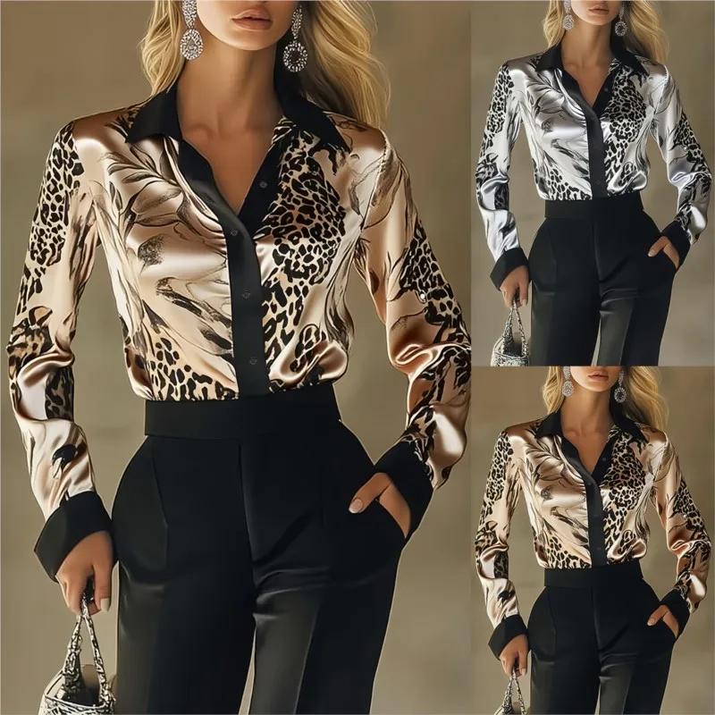 

Printed Long-sleeved Shirt Women Spliced ​​popular 2026 Autumn New Fashion Casual Satin Button Lapel Women's Blouses And Shirts