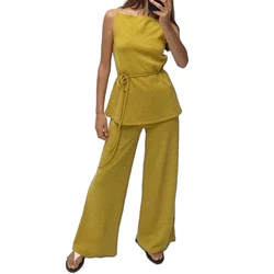 Women's Halter Line Neck Waist Lace-up High Waist Pants Suit Minimalist Fashion Commuter Casual Wide Leg Pant New