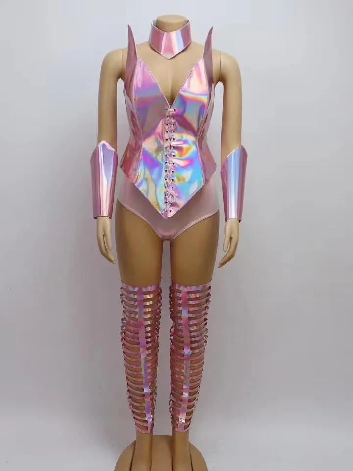 Bar GOGO Sexy Colorful Pink Laser Armor Bodysuit+Necklace+Cuff+Leg Cover 4pcs Outfits Sexy Female Singer Dance Stage Club Wear