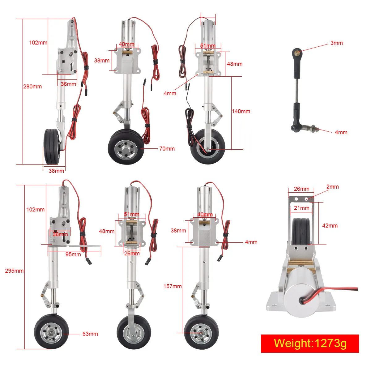 JPHOBBY ER150 Electric Landing Gear Full Set Support 12-17 Kg With Brakes for Skymaster F15 1.42M RC Aviation Jets Plane