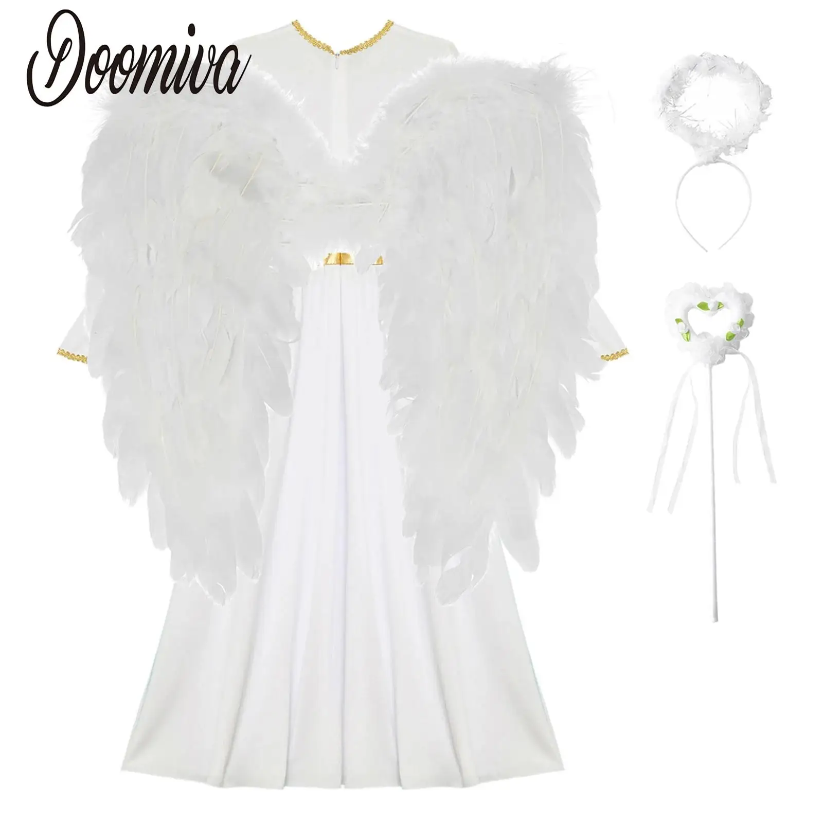 Disfraz de Ángel para Niñas, Vestido Blanco de Manga Larga con Alas de Plumas, Diadema y Túnica de Ángel para Halloween