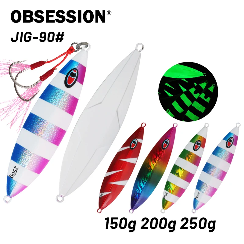 

OBSESSION 150g 200g 250g Slow Pitch Jigs Glow Sinking Metal Jig Shore Jigging Lure Sea Fishing Bait Saltwater Assist Double Hook