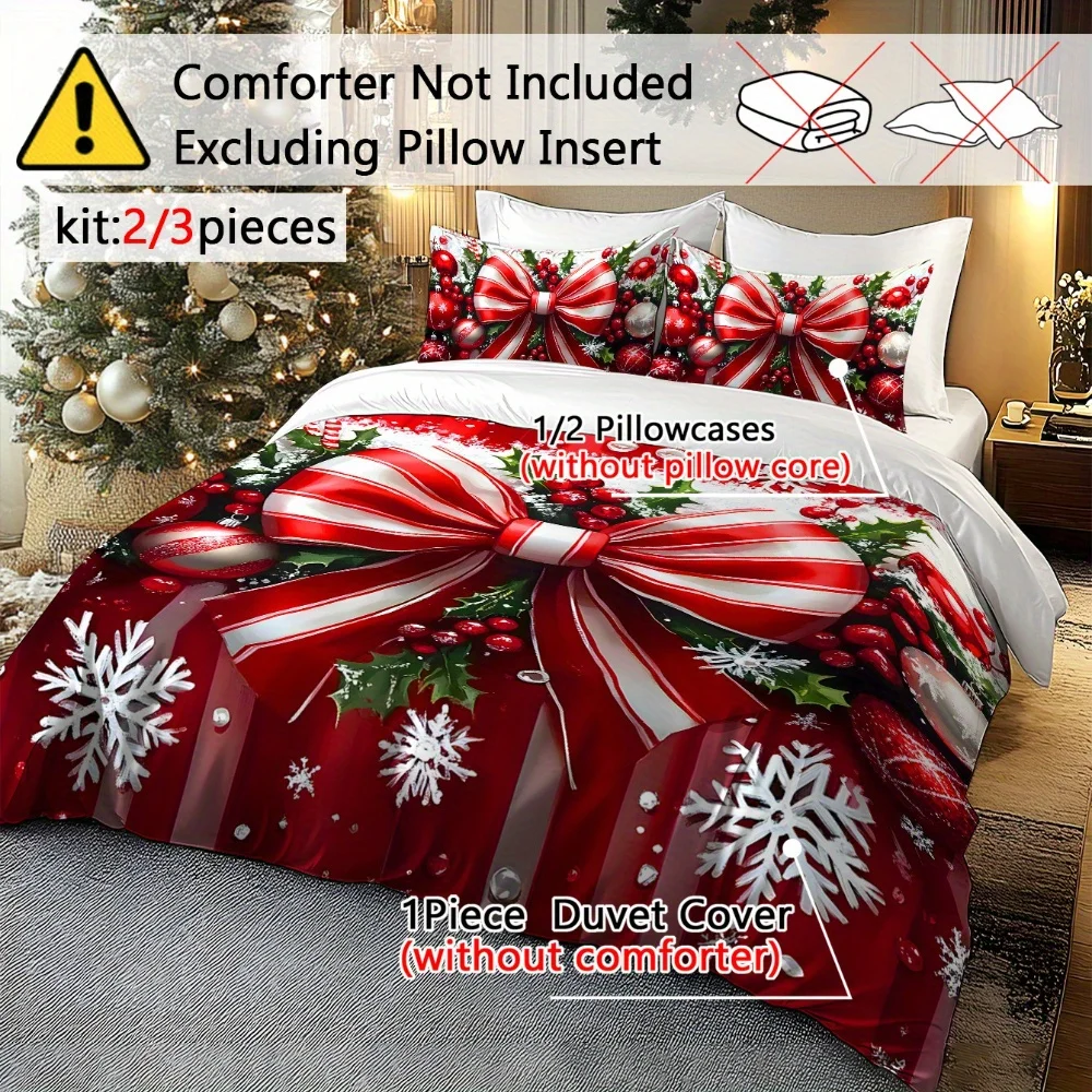 3Pcs 2D Bedding Digital Print Quilt Cover Set, Christmas-Themed Designs with Festive Bows, Sleighs, Deer, Gift Boxes, and Christmas Trees, Made of 100% Polyester Brushed Fabric, Digital Print Quilt Cover Set Without Filling, Soft and Comfortable, Suitable for Bedrooms, Hotels, Inns, Valentine's Day Gifts, School Dormitories (1*Quilt Cover + 1/2 Pillowcase), Can Be Used as Holiday Gifts