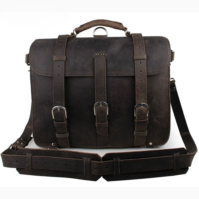 Men Retro Crazy Horse Leather Briefcase Cowhide Laptop Bag European Style Handbag Crossbody Shoulder Backpack for Office