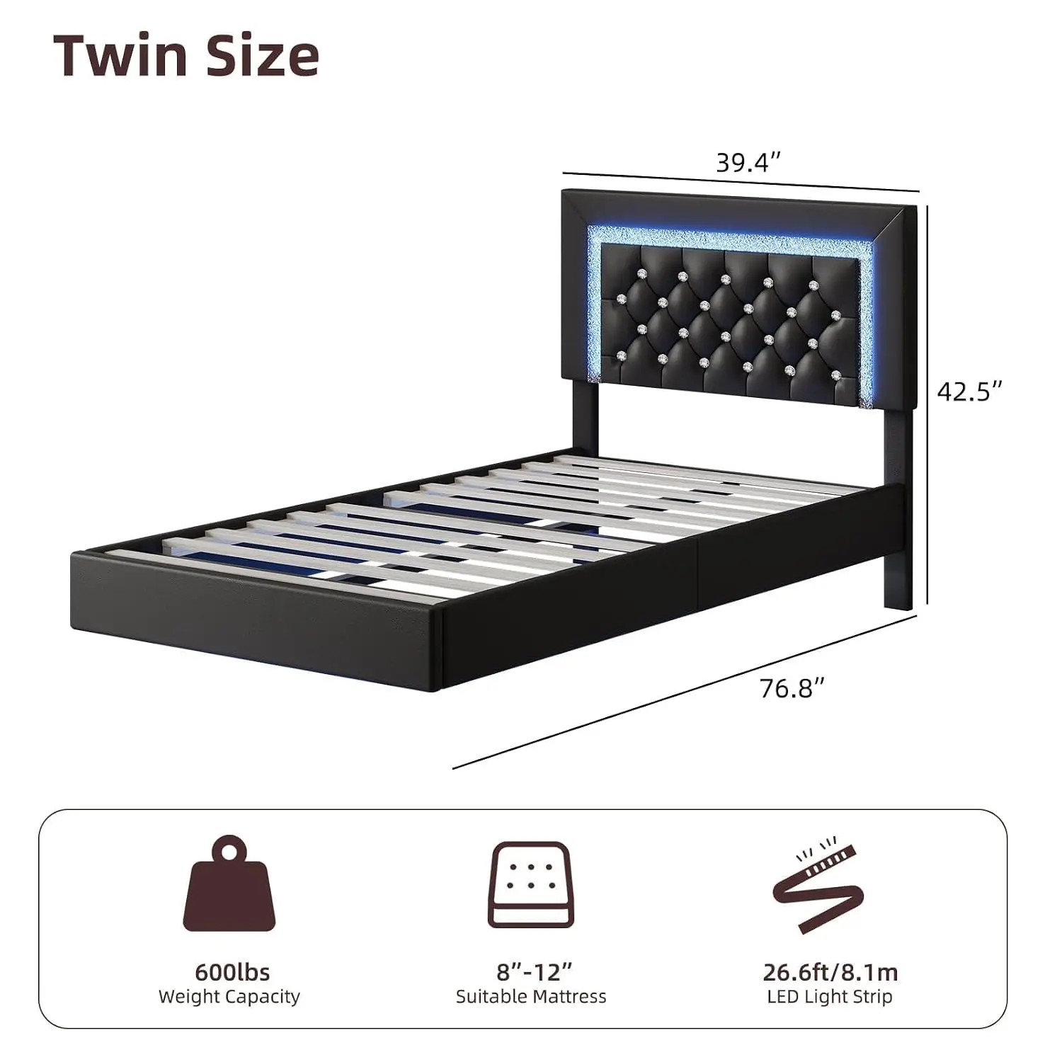 Floating Bed Frame with LED Lights, Upholstered Bed Frame Twin with Diamond Headboard, No Box Spring Needed, Noise, Custom view 2