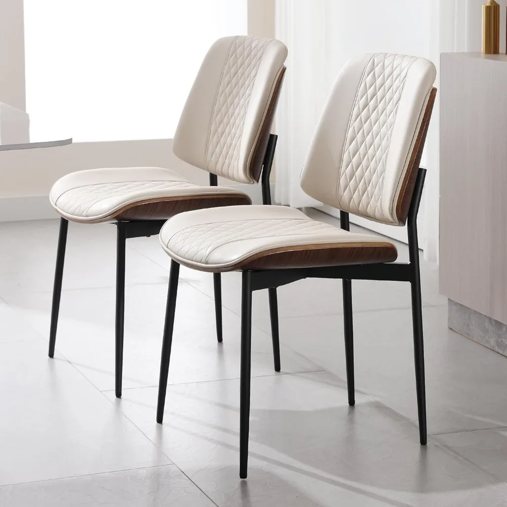 Kursi Makan BV Set 2, Kursi Dapur Tanpa Lengan Kulit PU dalam Gaya Walnut Modern, Kursi Samping Bentwood Abad Pertengahan dengan Logam L
