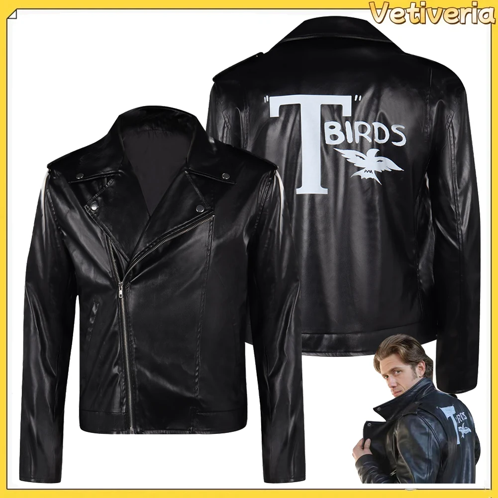 

Danny T-birds Coat TV Grease Pink Ladies Men Cosplay Costume PU Black Clothing Jacket Outfits Male Halloween Carnival Suit