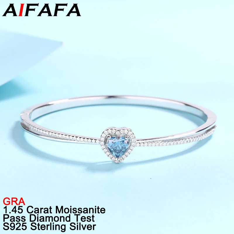 

AIFAFA S925 Silver 1.4 Carat Full Moissanite Bangle Blue Heart Moissanita Plated Pt950 Hand Bracelet Jewelry Pass Diamond Test