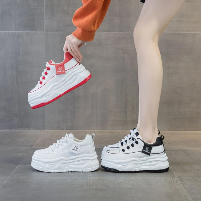 

Womens Color Accent Platform Sneakers Hidden Heel Lift Casual Low Top Lace Up Shoes In White Red Black For Daily Street Style