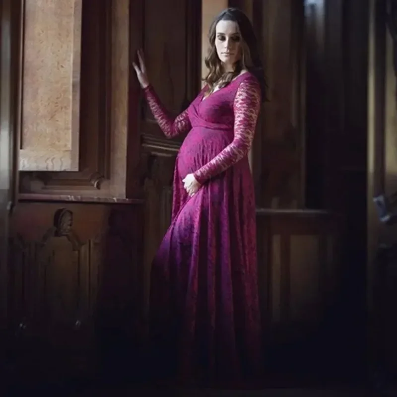 Red Wine V-Neck Long Sleeve Maternity Photography Props Maxi Pregnancy Clothes Lace  Dress Fancy Shooting Photo Pregnan