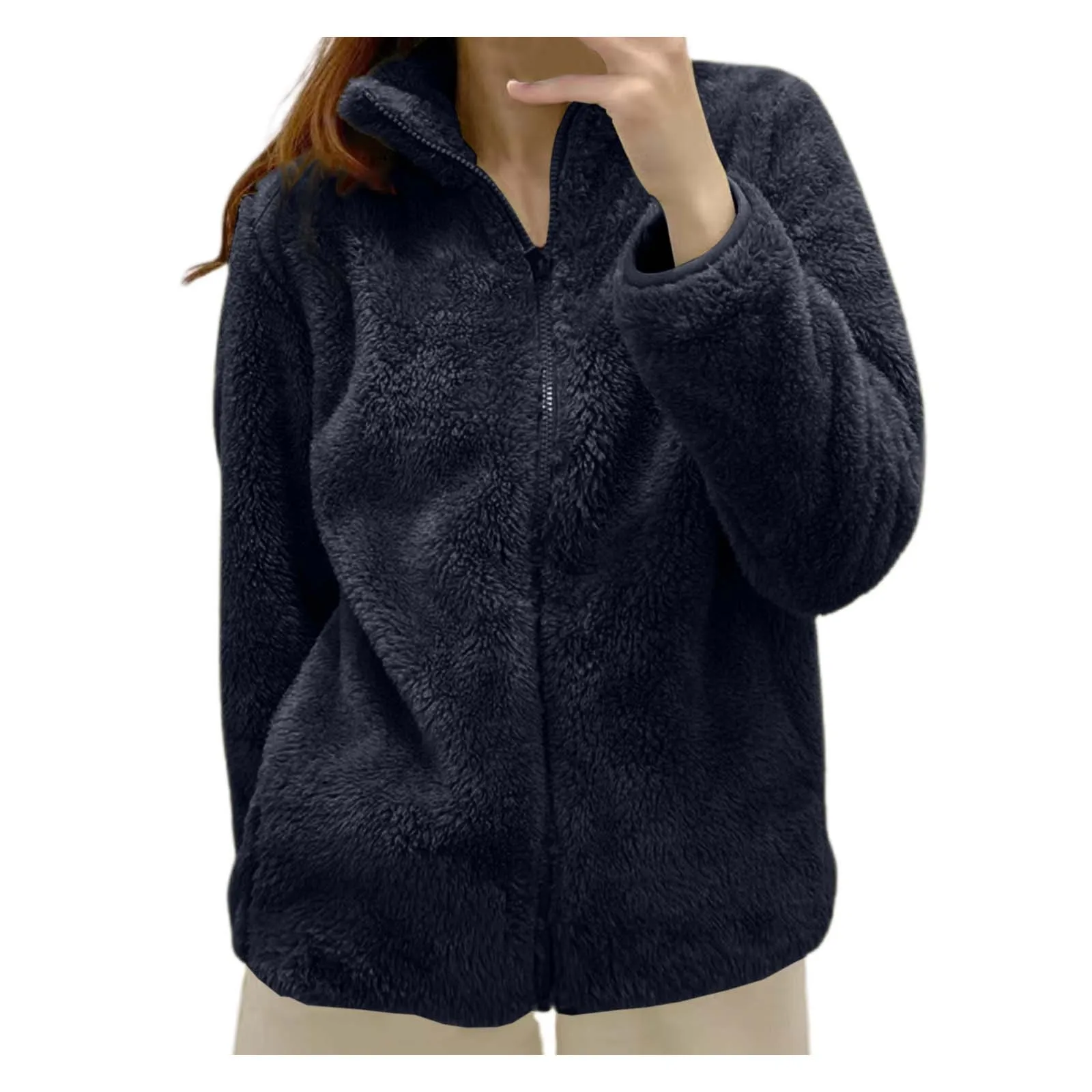 Solid Color Stand Collar Cozy Fleece Jacket For Women Scrub Solid Color Simple Outerwear Loose Zipper Comfy Casual Zip Up