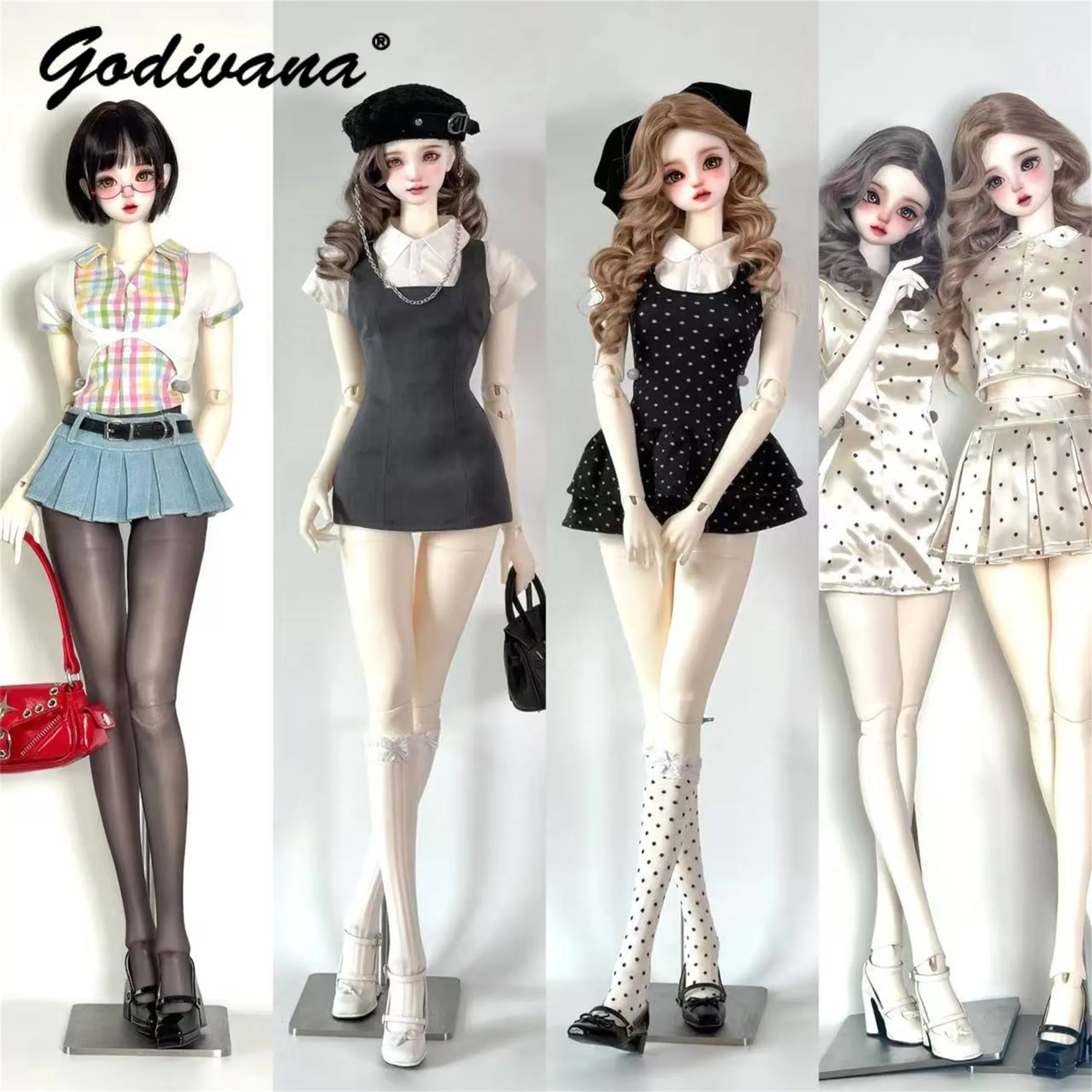 Conjunto de Ropa Estilo Preppy para Muñeca BJD 1/3, Estilo Retro Universitario, Múltiples Estilos, Vestido y Falda de Satén con Estampado de Lunares y Cuadros para Ropa BJD 1/3