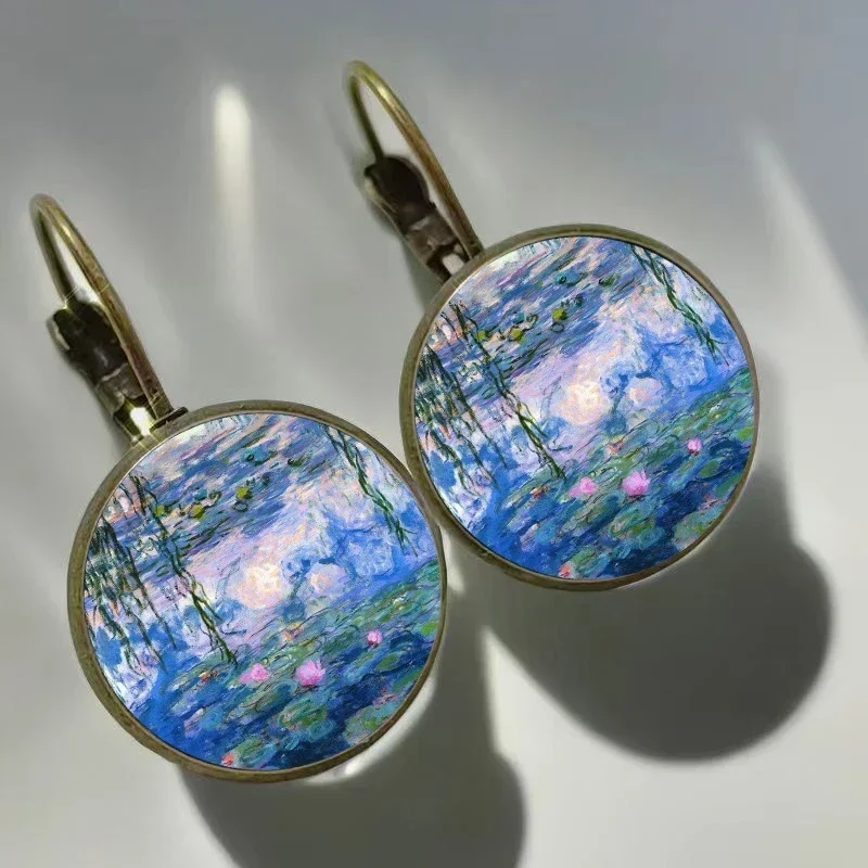 Monet Painting Earrings Monet Water Lily  Blue Oil Painting Art glass earrings Fashion Retro Women\'s Jewelry Earrings