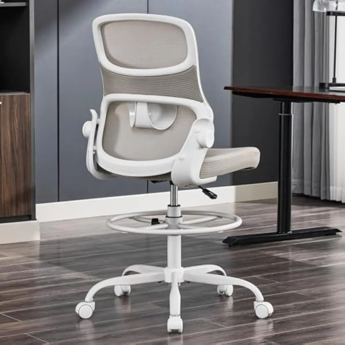Ergonomic tall drafting stool with breathable mesh backrest and contoured lumbar support • Adjustable gas lift height mechanism