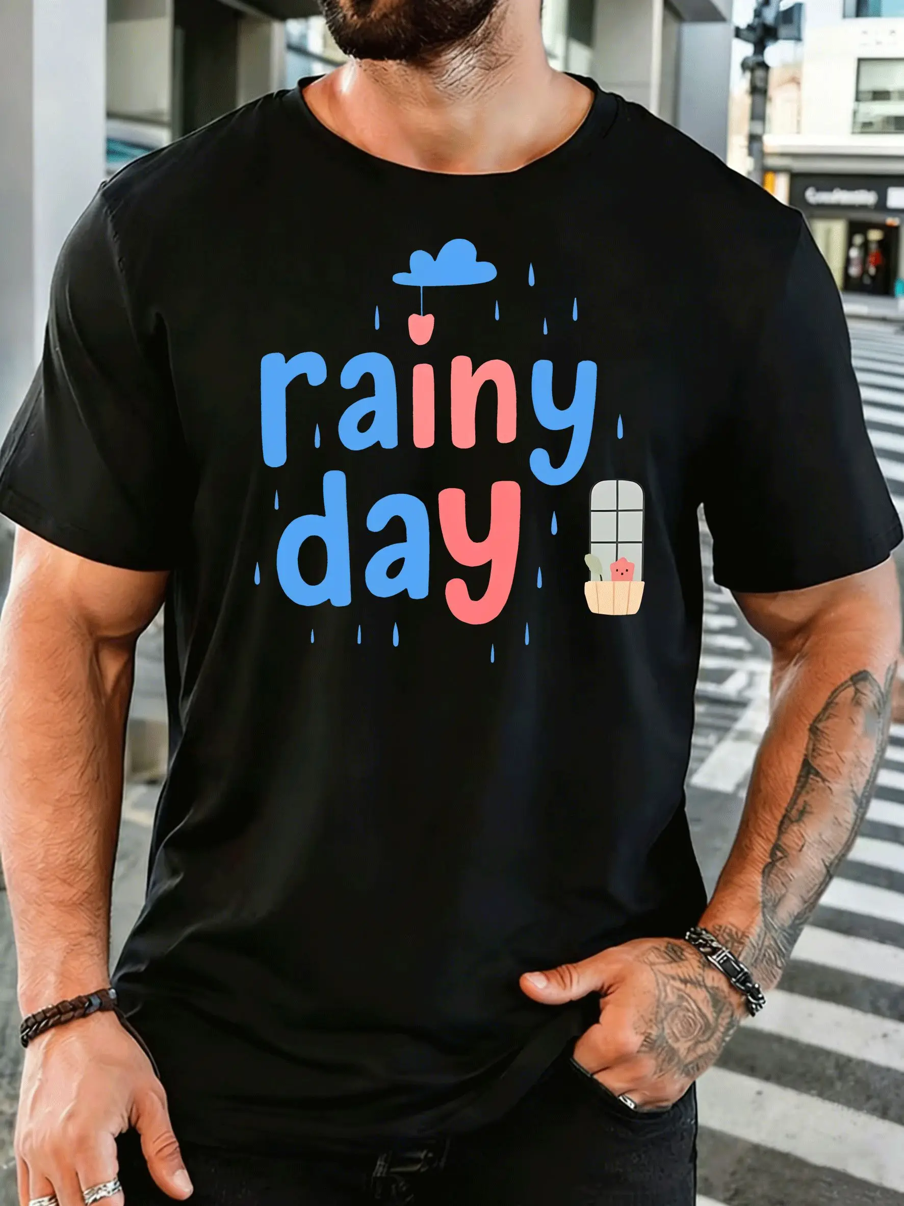 Men O Neck Short Sleeve T Shirt Rainy Day Cloud Rain Drop Window Potted Plant Print Summer Soft Loose Casual Tee Tops For Guys