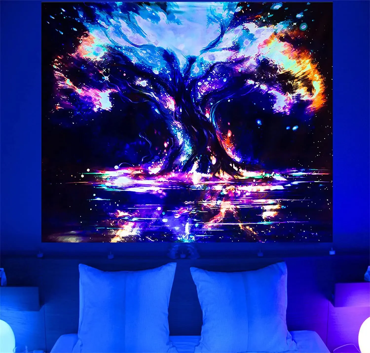 Psychedelic Black Light Colorful Tree of Life Fluorescent Tapestry UV Response Wall Hanging Hippie  Room Decoration