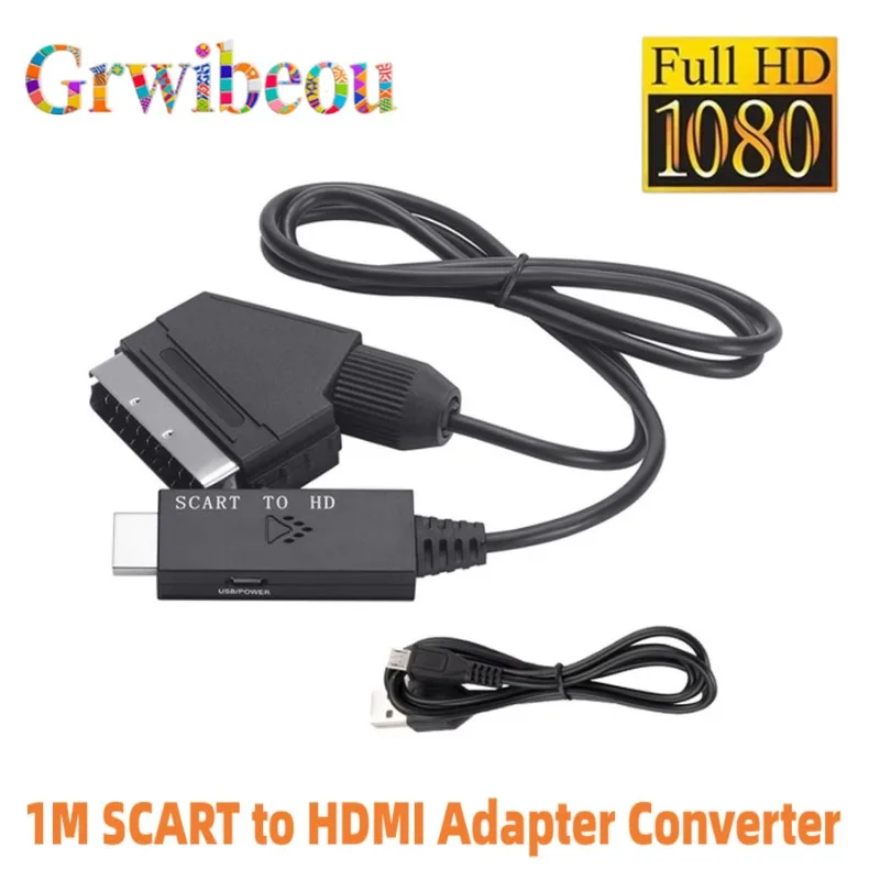 1080P SCART to HDMI-Compatible Adapter Video Audio Converter 1M Cable Male to Male for HDTV Sky Box STB Plug Play