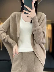 100% Pure Wool Cardigan shawl Women's Loose Versatile Knitted Jacket Fashion No Buckle Shawl Sweater Autumn New Warm Overcoat