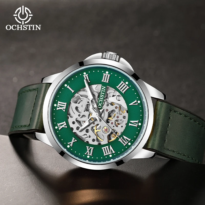 

OCHSTIN мужские часы с кожаным резиновым ремешком, мужские часы со скелетом, механические наручные часы, мужские водонепроницаемые роскошные часы