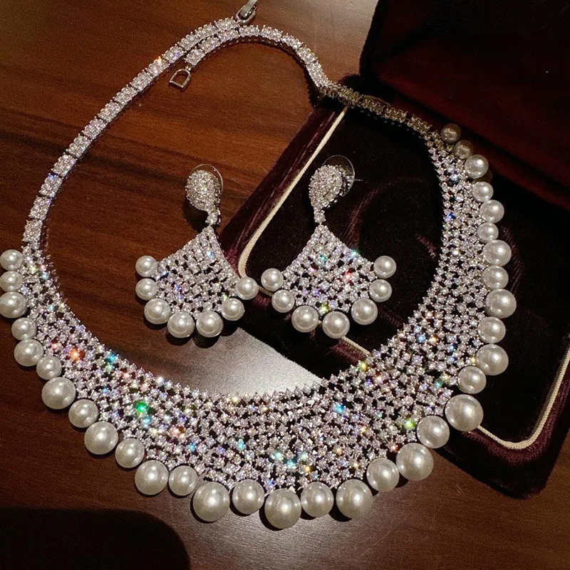 

SENYU супер роскошный кристалл CZ камень 2 шт. комплекты ювелирных изделий женские красивые белые жемчужные бусины свадебное ожерелье серьги наборы