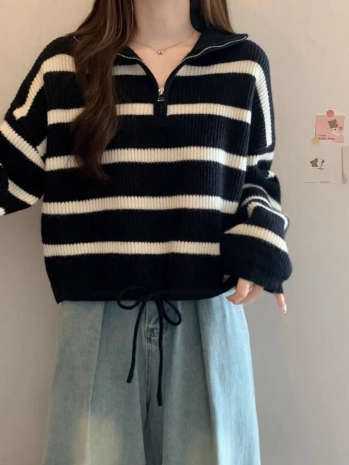 سترة محبوكة مخططة بلون Blo f مع حاشية Dstring سترة تنحيف علوية كورية Sle Commute Faion بلوفر نسائي #3