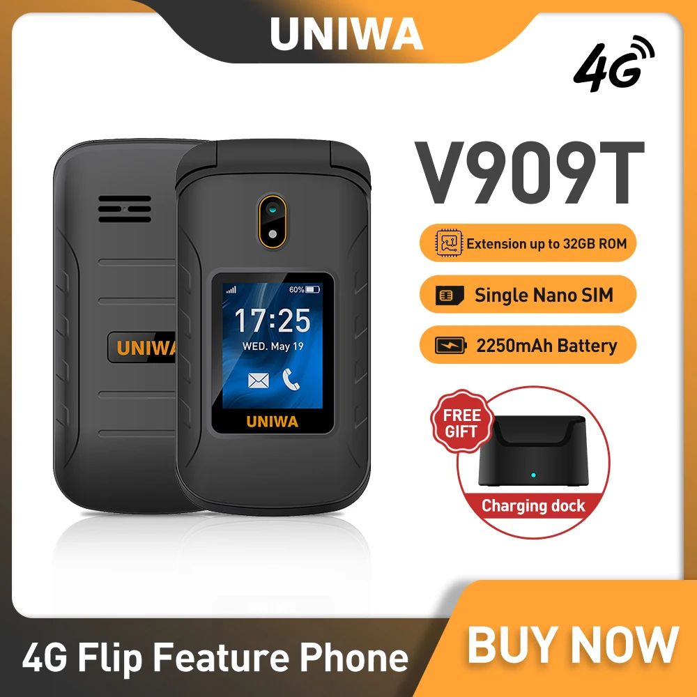 UNIWA V909T 4G Flip Phone Dual Screen Single Nano Cellphone Big Push-Button Mobile Phone for Elderly 2250mAh Russian Keyboard