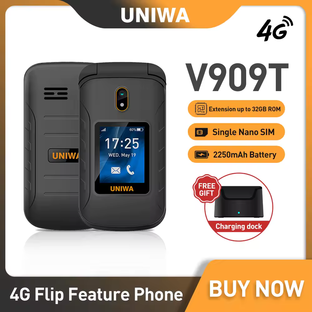 UNIWA V909T גדול בלחיצת כפתור 4G להעיף טלפון מסך כפול 0.3mp מצלמה FM רדיו רוסית עברית מקלדת צדפה הסלולר