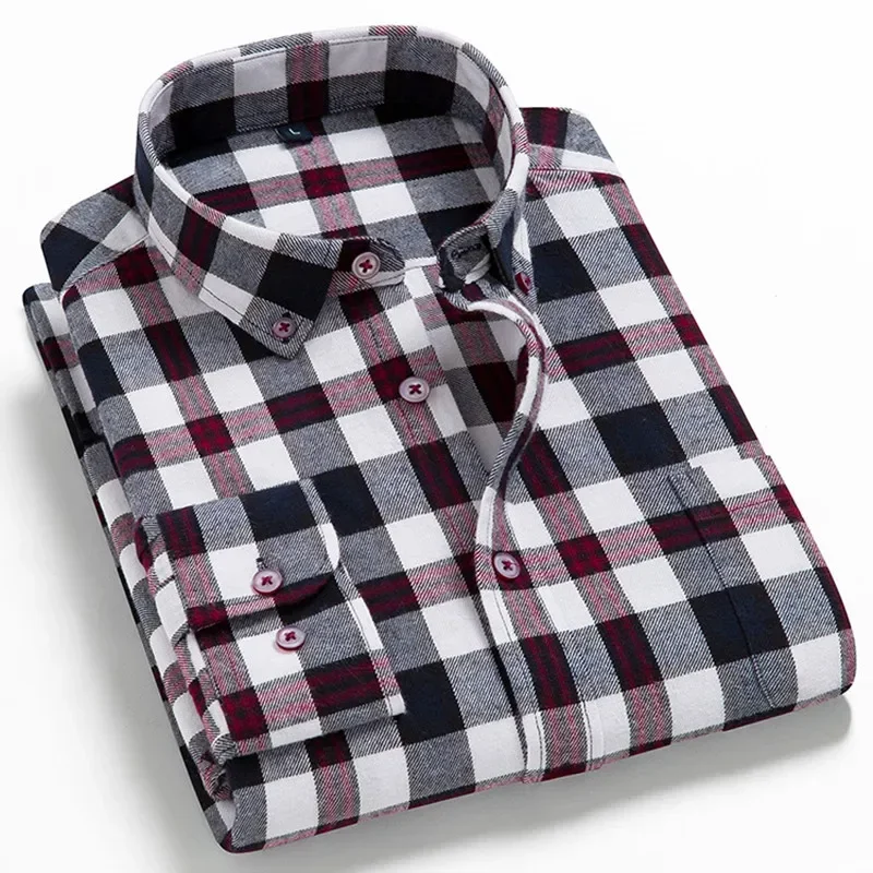 

2022 New Mens Plaid Shirt 100% Cotton High Quality Mens Business Casual Long Sleeve Shirt Male Social Dress Shirts Flannel 4XL