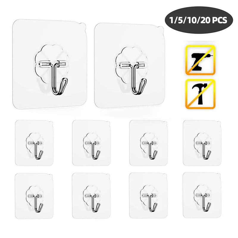 1/3/5/10pcs Wall Hooks Seamless Self Adhesive Hooks Door Wall Hangers Transparent Reusable Hanging Hook for Kitchen Bathroom