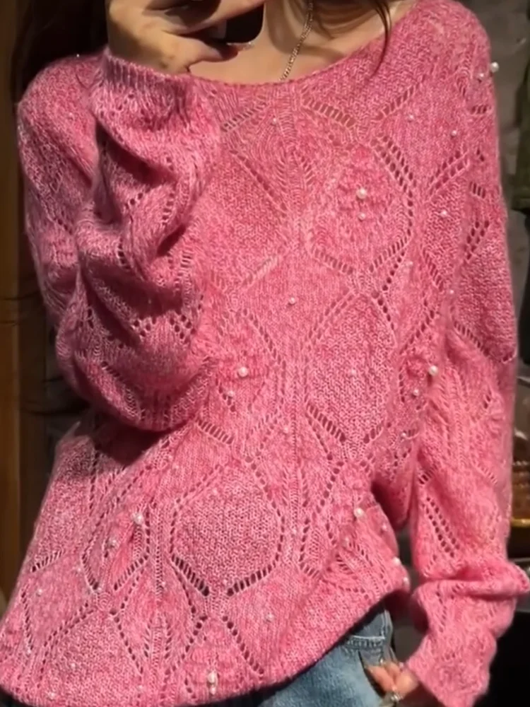 

Ele Hollow out Beaded Knitwear Women's Faion Autumn 2025 plus Size Slimming Top Warmth Retention Long Sve Crew Ne