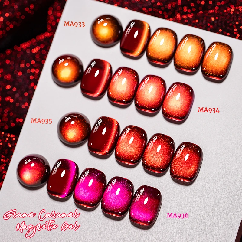 ยาทาเล็บเจลแม่เหล็กสีแดงคาราเมลเปลวไฟ พร้อมเอฟเฟกต์เม็ดแก้ว แบบกึ่งถาวร ล้างออกได้ด้วยน้ำยาล้างเล็บ ใช้กับหลอดไฟยูวีและแอลอีดี อุปกรณ์ทำเล็บ DIY