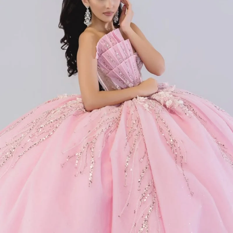 

Розовое платье Quinceanera с открытыми плечами и блестящей наклейкой, многослойное тюлевое платье с длинным хвостом, платья de 15, Quinceanera ﻿ Настроить