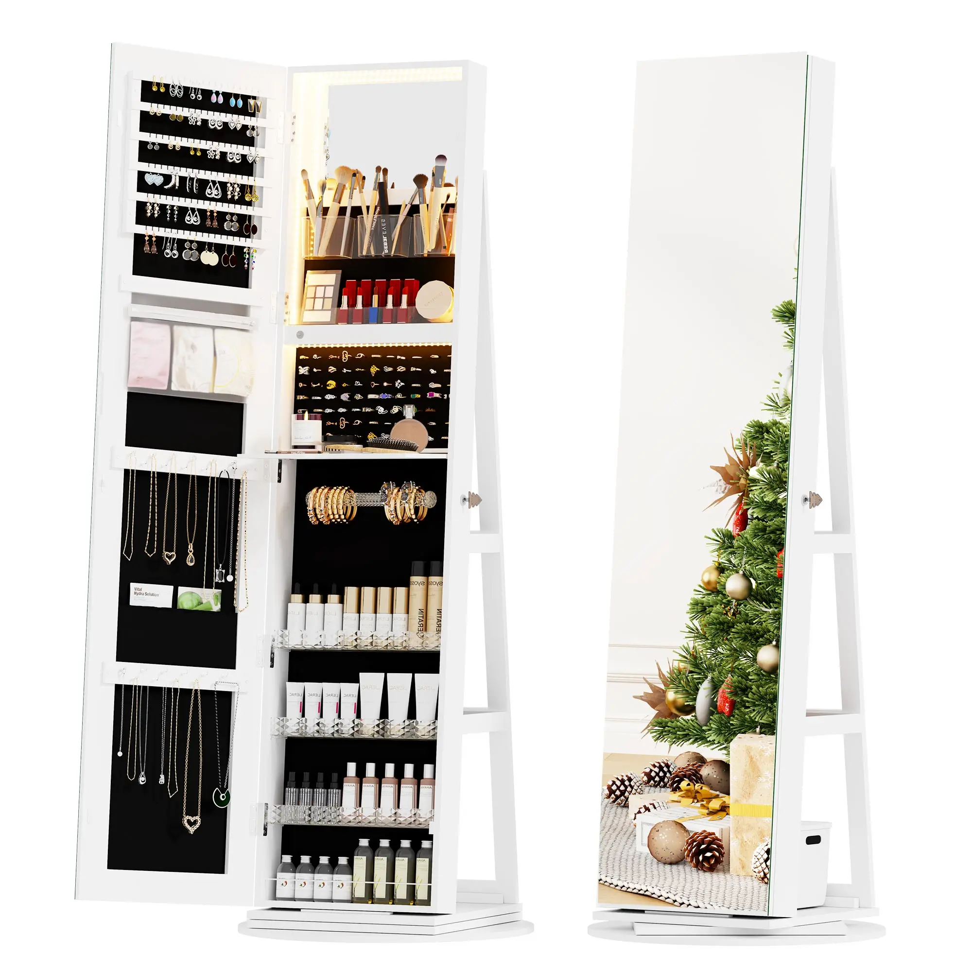 JDPAG 360° Swivel Jewelry Cabinet with 3 Lights, Full Length Mirror with Storage, 63” Large Standing Jewelry Armoire