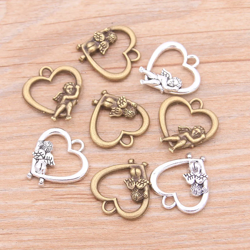 PULCHRITUDE 20PCS 18*20mm Two Color Vintage Metal Zinc Alloy Hollow Angel Baby Heart Charms Fit Jewelry Pendant Charms Makings