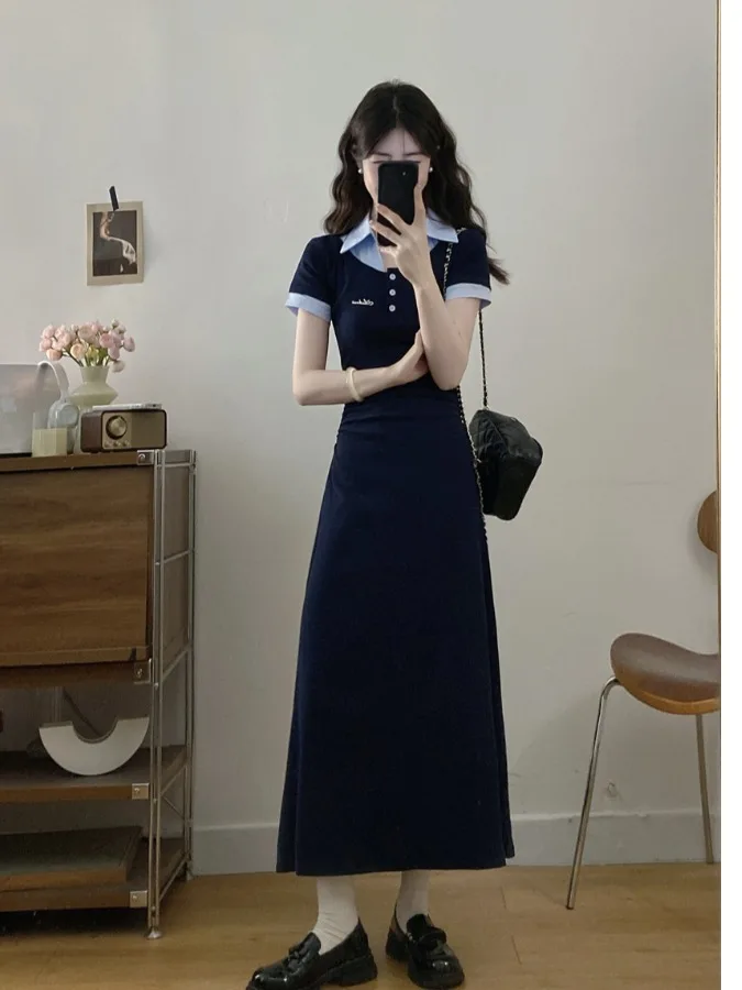 

plus Size Women's College Style Color Block A-Line Dress Short Sleeve Long Dress Summer New Waist Cinched Party Dress