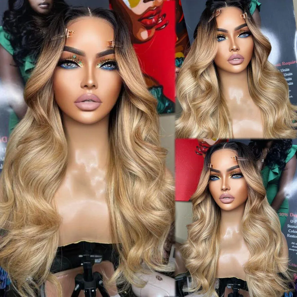 Virgin Hair Ombre Blonde Body Wave 13x4 HD Transparent Lace Frontal Human Hair Wigs Glueless Lace Closure Wigs For Women