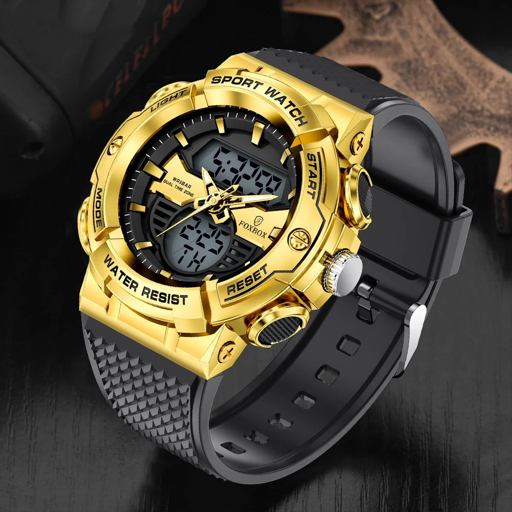 

FOXBOX New Fashion Big Dial Watch Men Business Military Waterproof LED Digital Watches for Men Luminous Quartz Chronograph Male